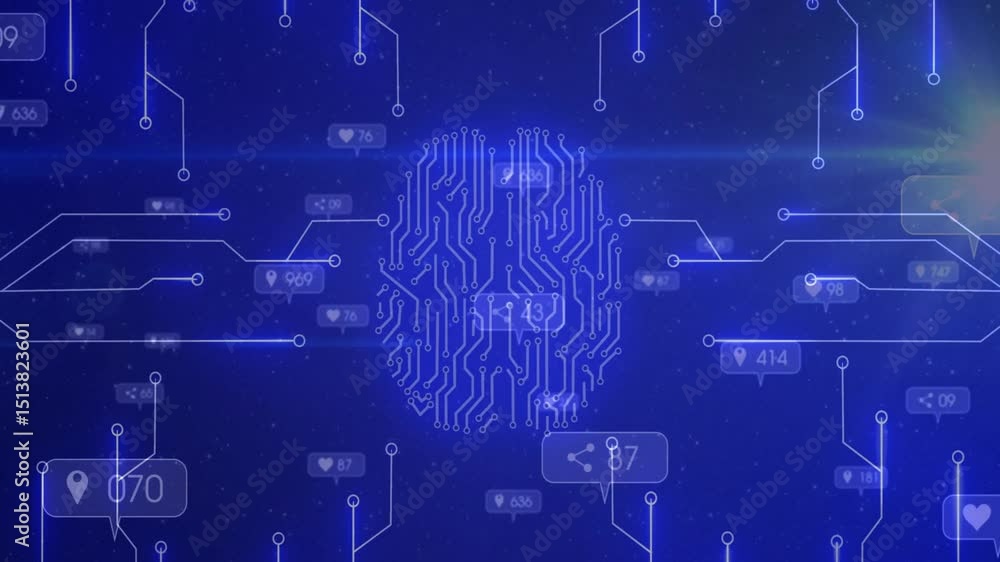 Poster glowing arc sweeping in launching biometric circuit branching updating icons showing network fading