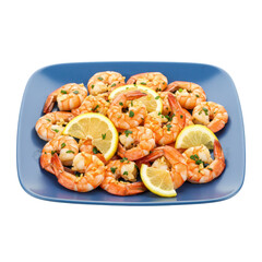 A vibrant plate of shrimp garnished with lemon slices, ready for a seafood feast