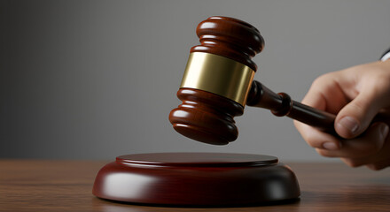 A hand holds a gavel about to strike its base, commonly associated with law and the courtroom. The image is used to indicate files ready for submission on a stock photo website.
