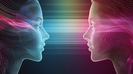 Abstract faces, vibrant colors, interconnected