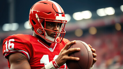 A determined American football player in full uniform holds the ball close, ready for action. 