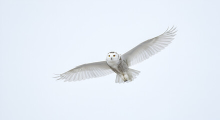 A snowy owl flies with open wings, facing towards the viewer. white background