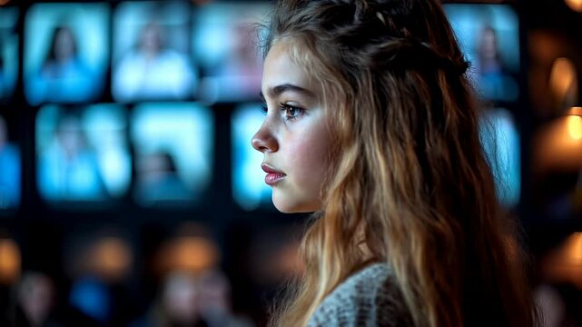 A young girl with long hair is shown in profile, gazing thoughtfully in front of a blurred background with glowing screens.