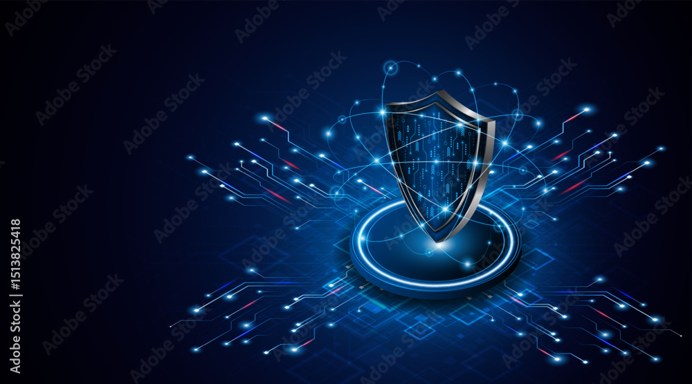Poster abstract technology circuit board background with shield symbols concept of data protection and cybe