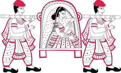 Hand-drawn Bengali folk vector showing bride sitting in a palanquin carried by two men. Traditional red and black illustration style for cultural or wedding themes. Traditional Bengali folk vector 
