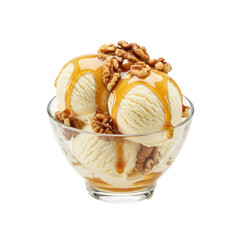 Delicious bowl of vanilla ice cream topped with caramel and walnuts, inviting dessert