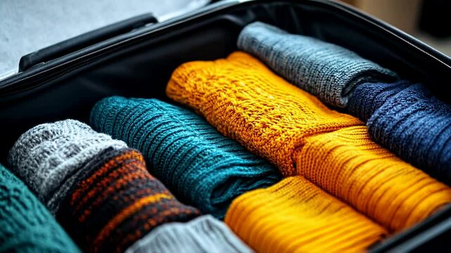 Close-up shot shows a suitcase full of neatly folded knitwear in vibrant colors, ready for travel.