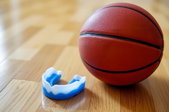 Basketball and Mouthguard: A close-up shot showcasing a basketball beside a blue and white mouthguard on a wooden floor, capturing the essence of sports protection. - Powered by Adobe
