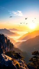 Vibrant mountain vista with ethereal fog, soaring birds, and golden sunrise infusing warmth, light