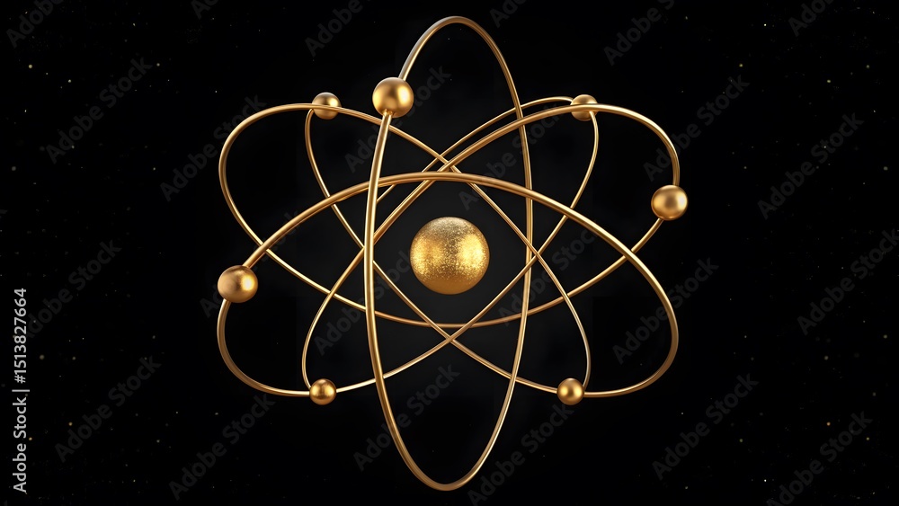 Poster elegant golden atom model orbiting electrons sparkling core dark background abstract science art cos