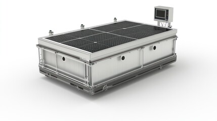 Industrial machine with a flat top, enclosed compartment, and display screen