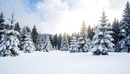 Winter wonderland scenery with snow-covered evergreen trees under a bright, cloudy, sunlight sky.
