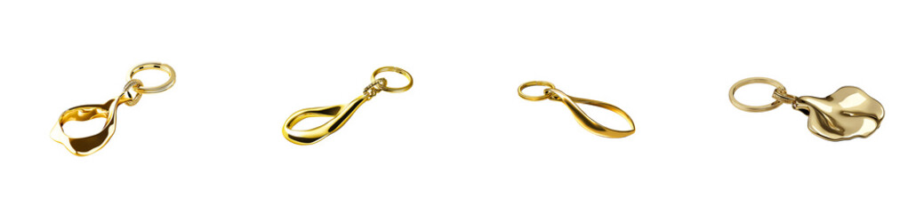 Four gold color keychains arranged in a row, cut out transparent
