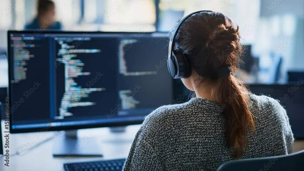 Wall mural young woman coding with headphones on, software development and programming