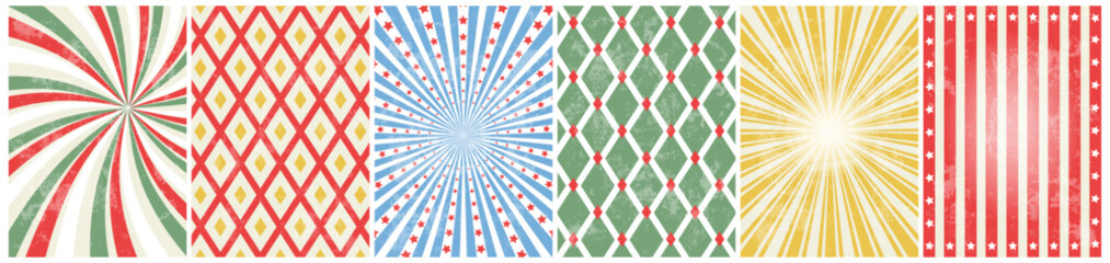 circus retro background set. vintage carnival template for poster with sunburst, stars and rhomb