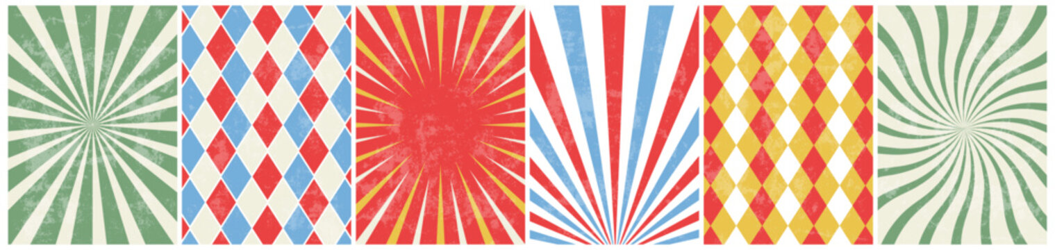 circus retro background set. vintage carnival template for poster with sunburst, swirl and rhomb