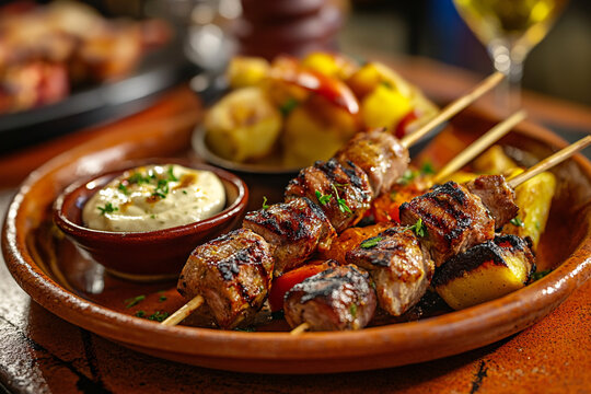 A photorealistic view of a Spanish pinchos morunos