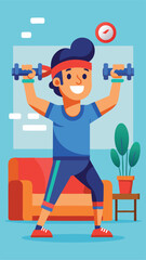 Happy cartoon man exercising with dumbbells at home for a healthy lifestyle