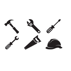 Monochrome Construction Tools Icons Set Vector Illustration. Hammer, Wrench, Screwdriver, Saw, and Hard Hat for Building and Repair
