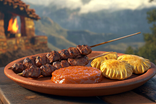 A photorealistic scene of a Chilean anticucho