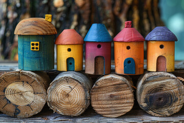 Playful Miniatures: Toy Houses on Rustic Wood