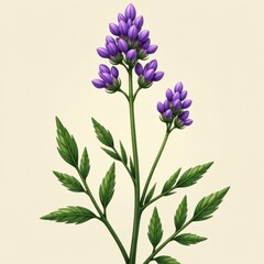 Vibrant purple lupine flowers with green leaves on light background.