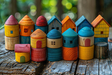 Playful Miniatures: Toy Houses on Rustic Wood