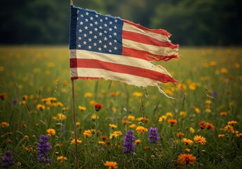 Torn american flag in a field of flowers