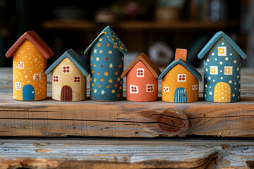 Playful Miniatures: Toy Houses on Rustic Wood