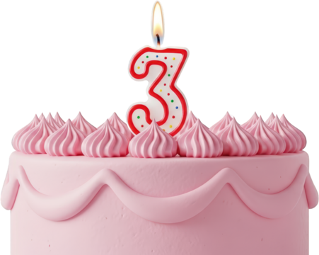 Delicious Pink Birthday Cake with Number Three Candle Festive Sweet Treat for Third Birthday