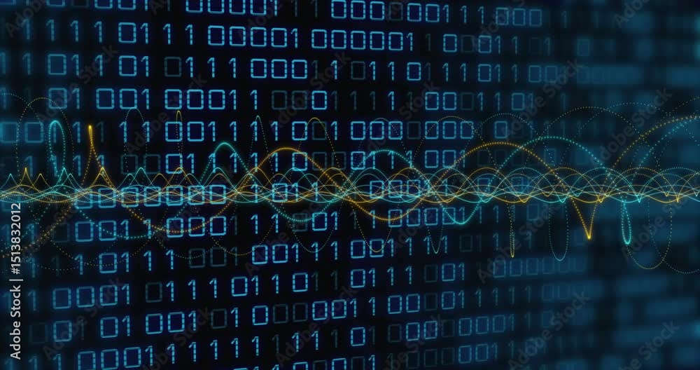 Poster on playback start waveform line appearing and undulating peaks over binary grid to visualize data