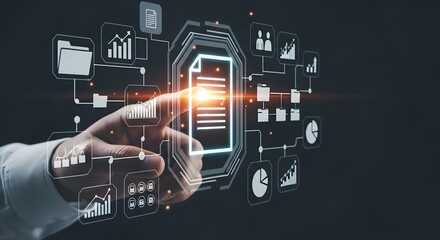 Hand interacting with digital document in futuristic data environment, represents the digital transformation in business, modern technology concept.