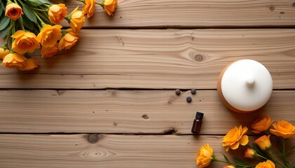 a tranquil wooden table setting with a white teapot and orange flowers arranged neatly in the background.
