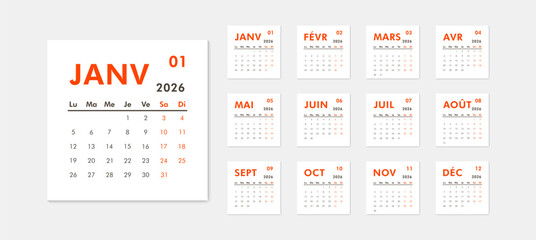 2026 calendar modern classic on French language. Week starts on Monday. Desk or wall calendar in minimalist style