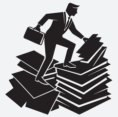 businessman climbing stacked document silhouette vector art illustration, businessman with a briefcase