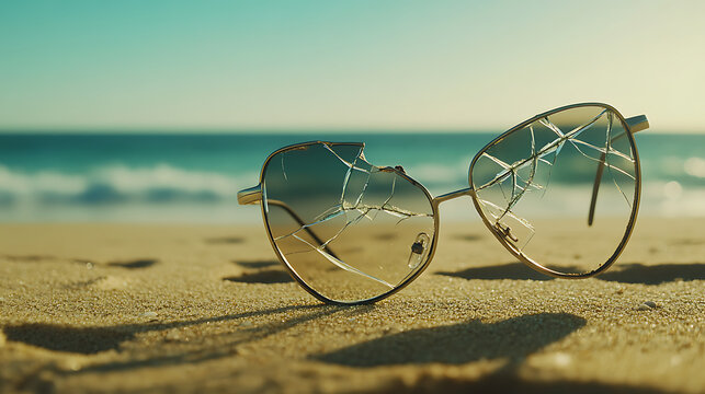 Shattered Sunglasses on Beach. Lost eyewear, abandoned on the sand. Waves in the background, summer is over. Broken glasses symbolize end of vacation
