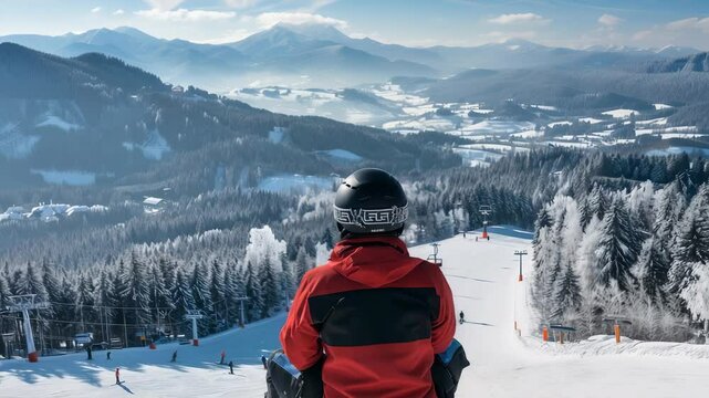 Ski resort vista. A skier pauses, clad in a red jacket and helmet, to admire the stunning panoramic views of snow-covered mountains and ski slopes. A winter wonderland scene.