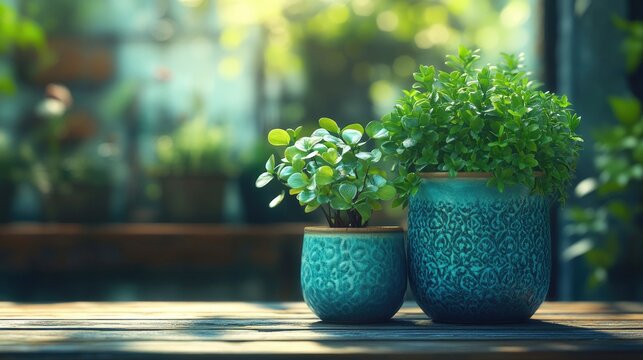 Two potted plants on a wooden table in a garden setting.