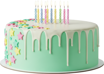 Festive Mint Green Birthday Cake with Stars Dripping Glaze Candles