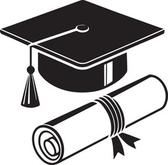 Symbols of Academic Achievement, Graduation Icons Collection, Caps and Diplomas in Black and White.