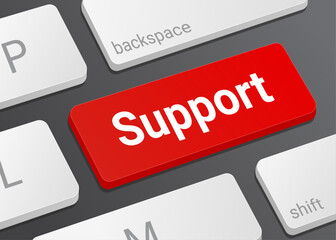 Fototapeta premium Close Up Support Button on Laptop or Computer Keyboard for Customer Service, Technical Help, Assistance, and Technology 3D Illustration