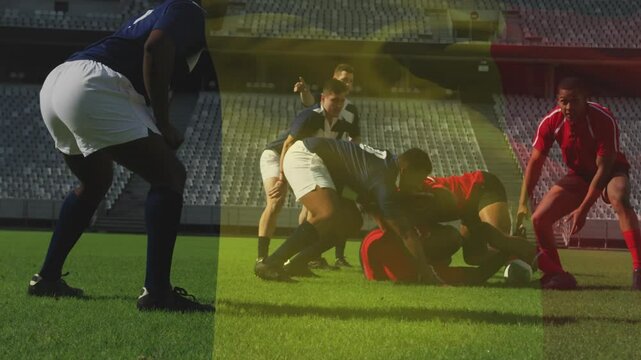 Rugby players joining ruck for possession, halfback scooping and passing ball toward outside back