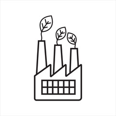 A simple line art illustration of a factory with chimneys emitting leaves, symbolizing eco-friendly industry