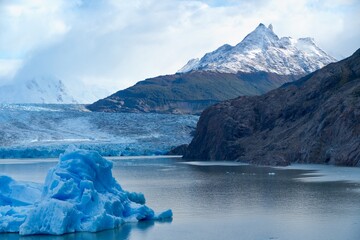 deep blue glacier ice of glacier in torres del paine national park