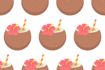 Seamless pattern with tropical coconut drinks and hibiscus flowers on transparent background. Fun and exotic summer design for printables and digital products.


