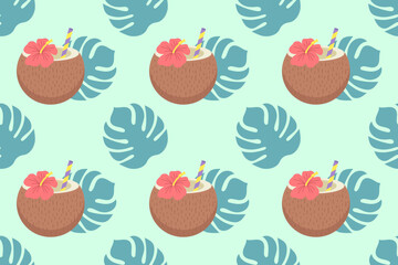 Seamless pattern with coconuts, hibiscus flowers, and monstera leaves. Tropical summer design perfect for prints, textiles, and digital projects.

