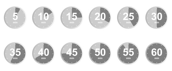 clock timer 5 minute to 60 minute set vector illustration isolated on white background.