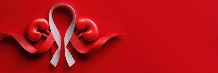 Kidney Month Awareness Ribbon Displayed on a Vibrant Red Background Promoting Health and Awareness of Kidney-Related Issues
