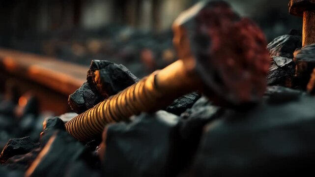 Industrial scene featuring mining equipment and coal debris, showcasing the textures and materials used in the extractive industry.