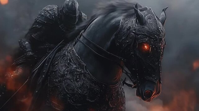 Dark armored knight riding a fierce black horse amidst a smoky, fiery background in a fantasy setting